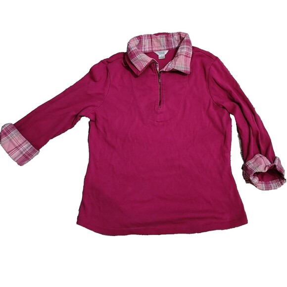 Christopher Banks Blouse Sz M Womens Top Pink Knit Plaid Collar/Cuff Zip - Picture 2 of 8
